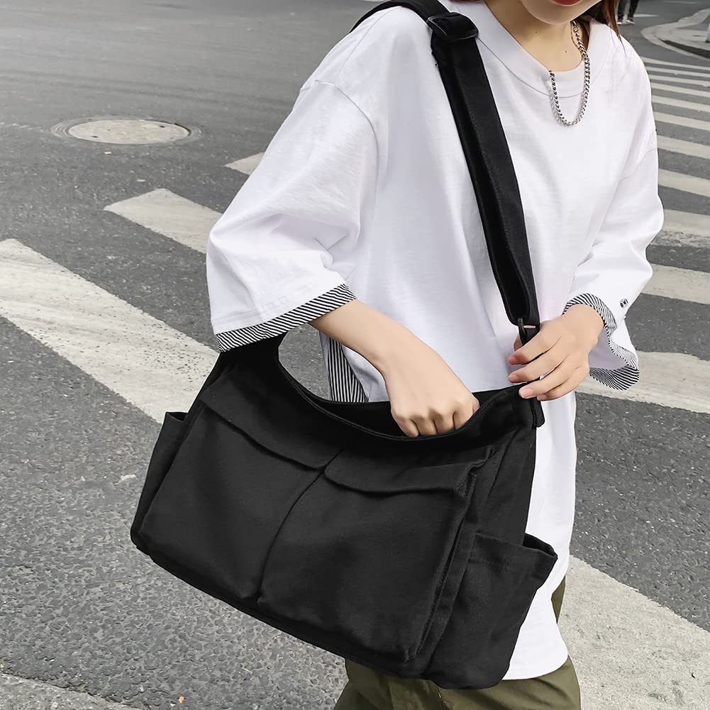 Stylish Canvas Crossbody Bag for Women & Girls - Cute Messenger Purse with Pins & Pendant - Fashionable Casual Shoulder Bag for School, Travel & Daily Use