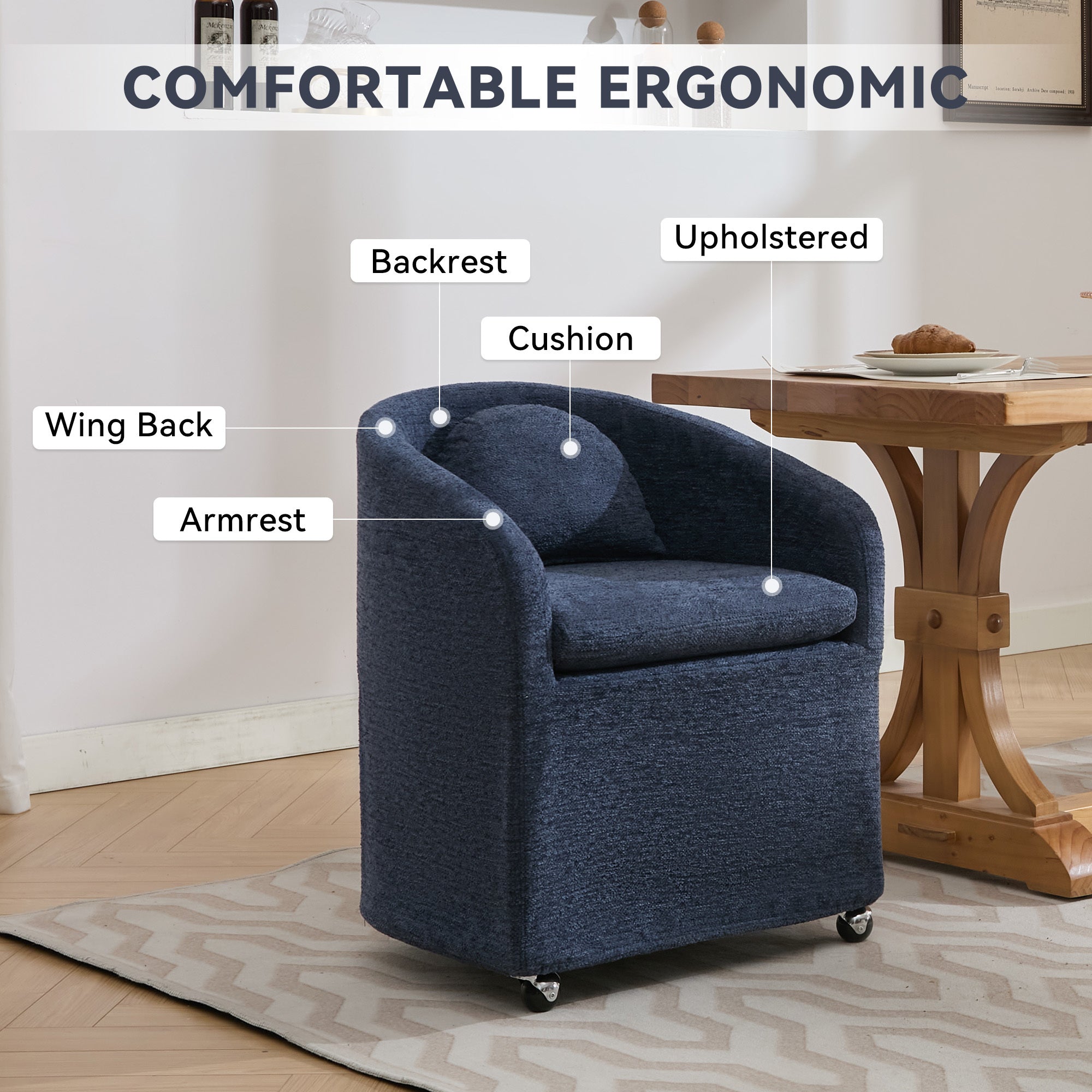 5-Piece Chenille Fabric Dining Armchair Set with Removable Back Cushion & Universal Wheels - Navy Blue - Comfortable Upholstered Chairs for Kitchen, Dining Room & Office Use