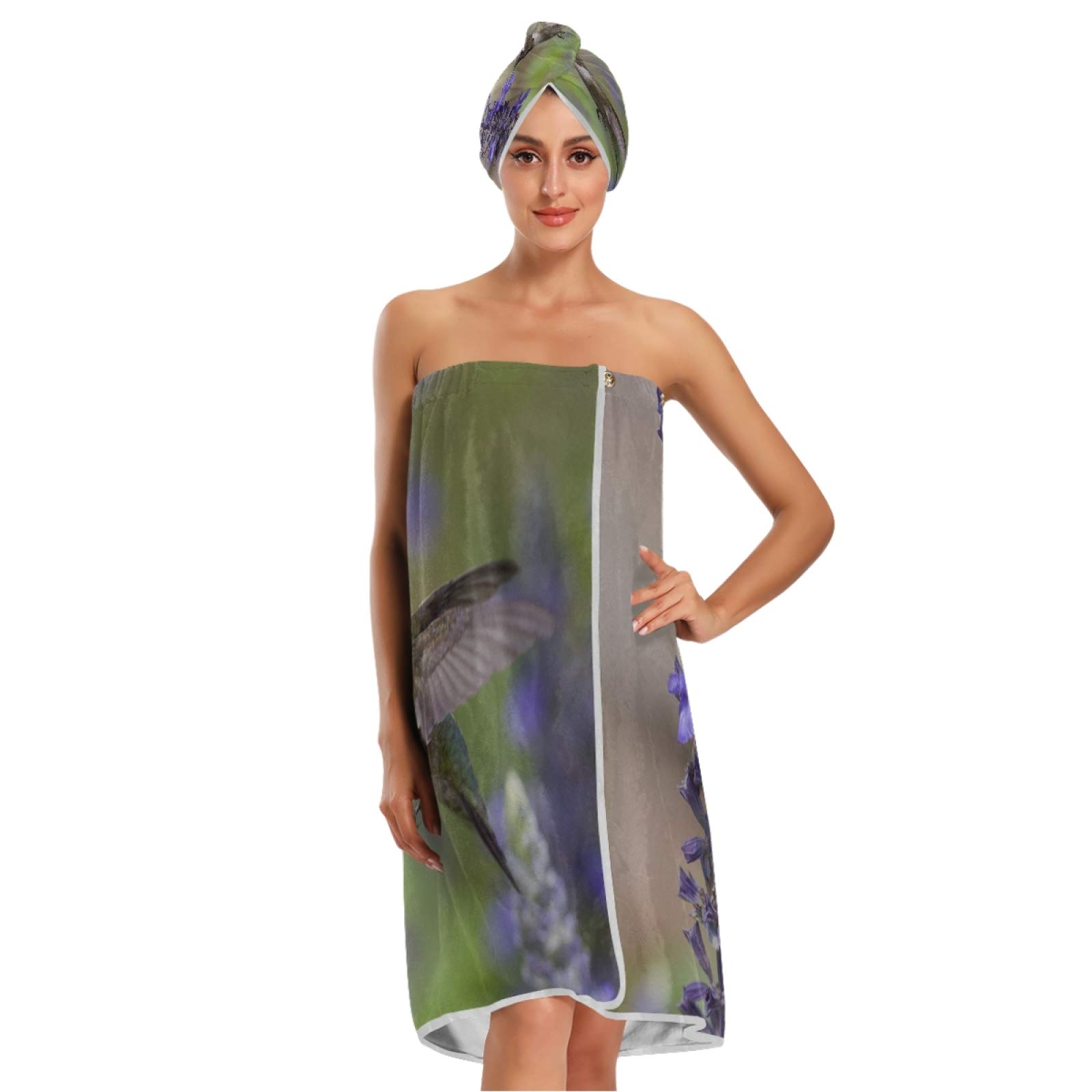 Blueangle Ruby-Throated Hummingbird Women's Towel Wrap Set - Soft Bathrobe with Adjustable Closure, Dry Hair Cap & Headband - Perfect for Shower, Spa, Beach & Poolside Relaxation
