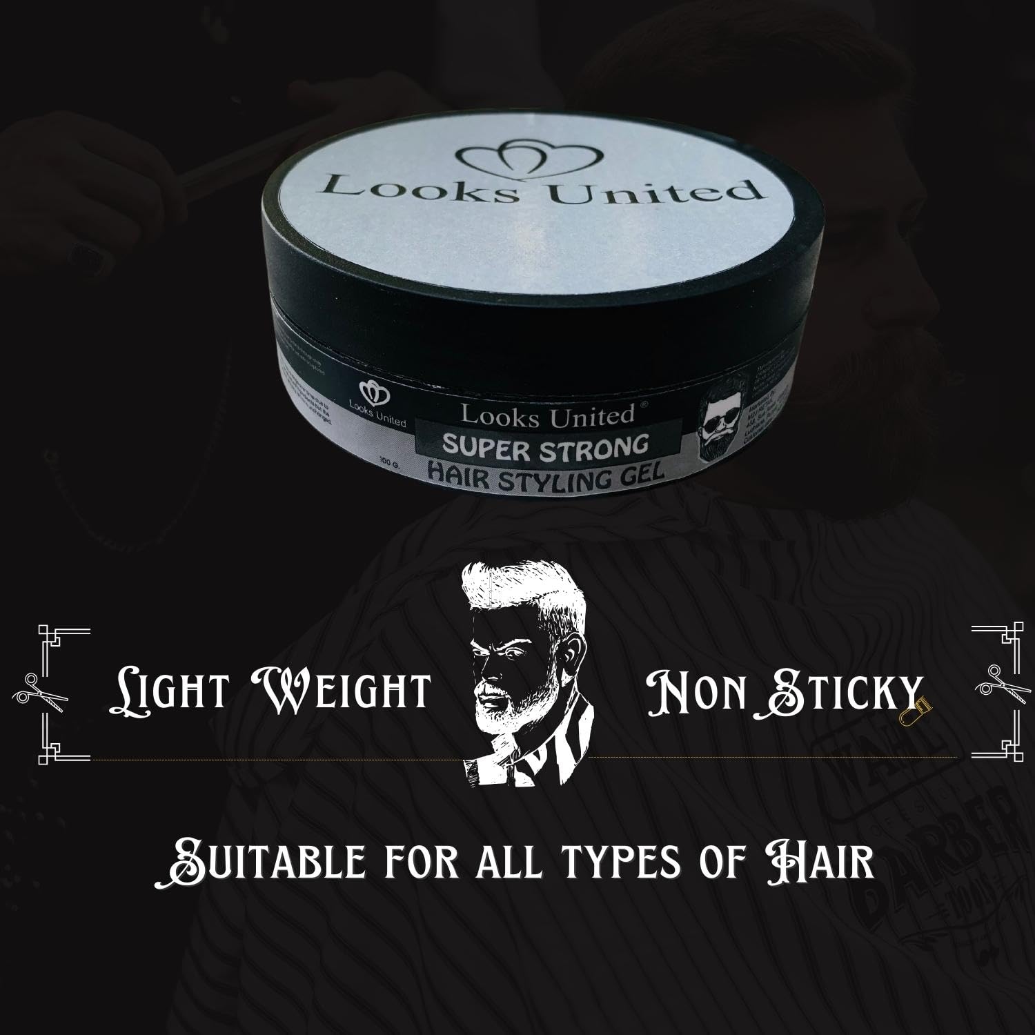 Looks United Super Strong Hair Styling Gel with Vitamin E - Alcohol & Sulphate Free (100g) | Natural Hold for Men's Short to Medium Hair | Perfect for Daily Styling, Work & Special Occasions