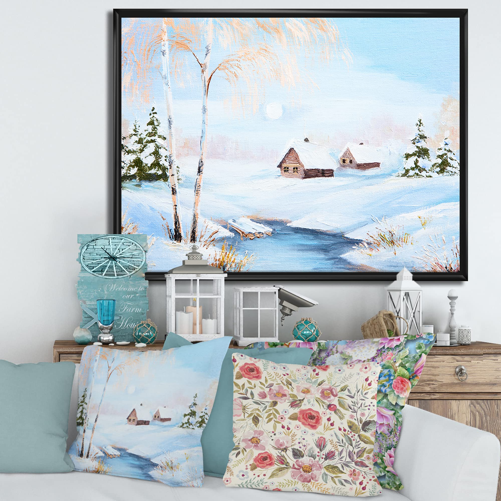 DesignQ Winter Landscape Frozen River In The Forest - Lake House Framed Canvas Wall Art Print | Nature Scene Home Decor for Living Room, Bedroom & Office