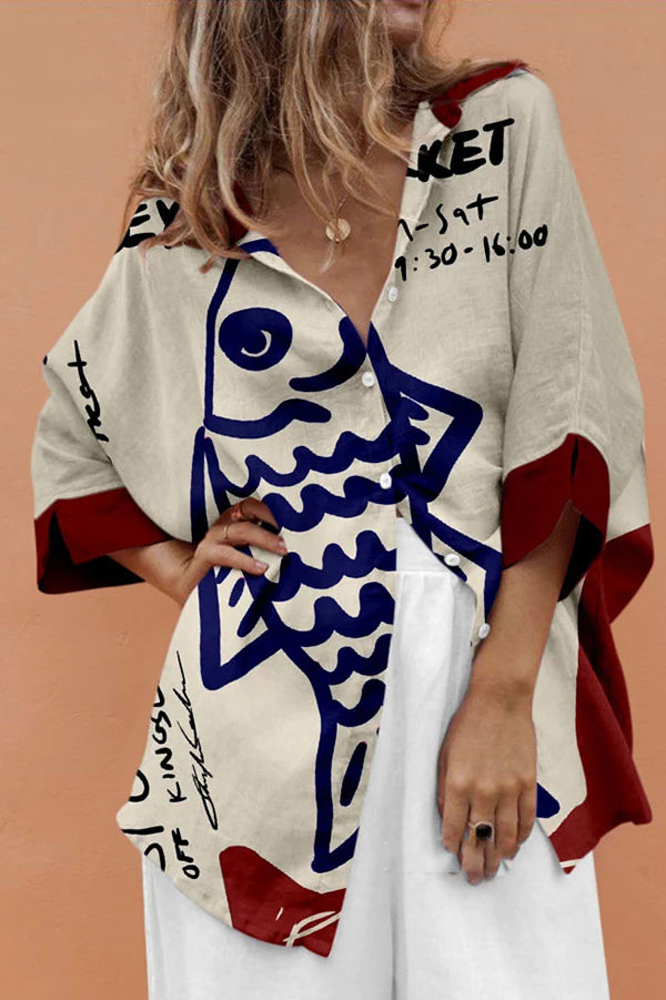 Stylish Marine Print Casual Loose Shirt Top for Women - Beachwear, Summer Vacation & Boho Outfit