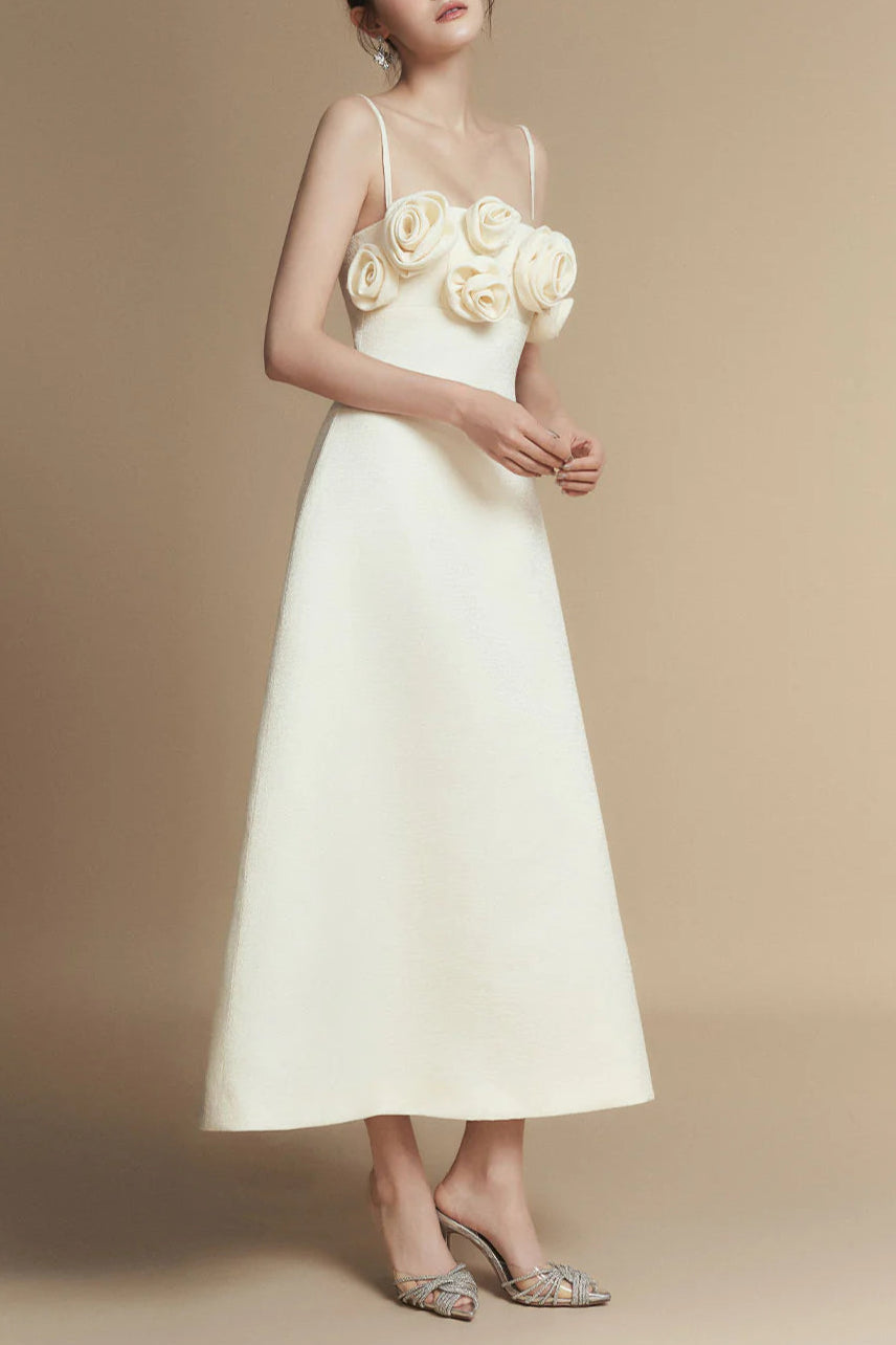 Elegant A-Line Floral Applique Linen Rayon Midi Dress for Women - Perfect for Summer Weddings, Garden Parties & Casual Outings