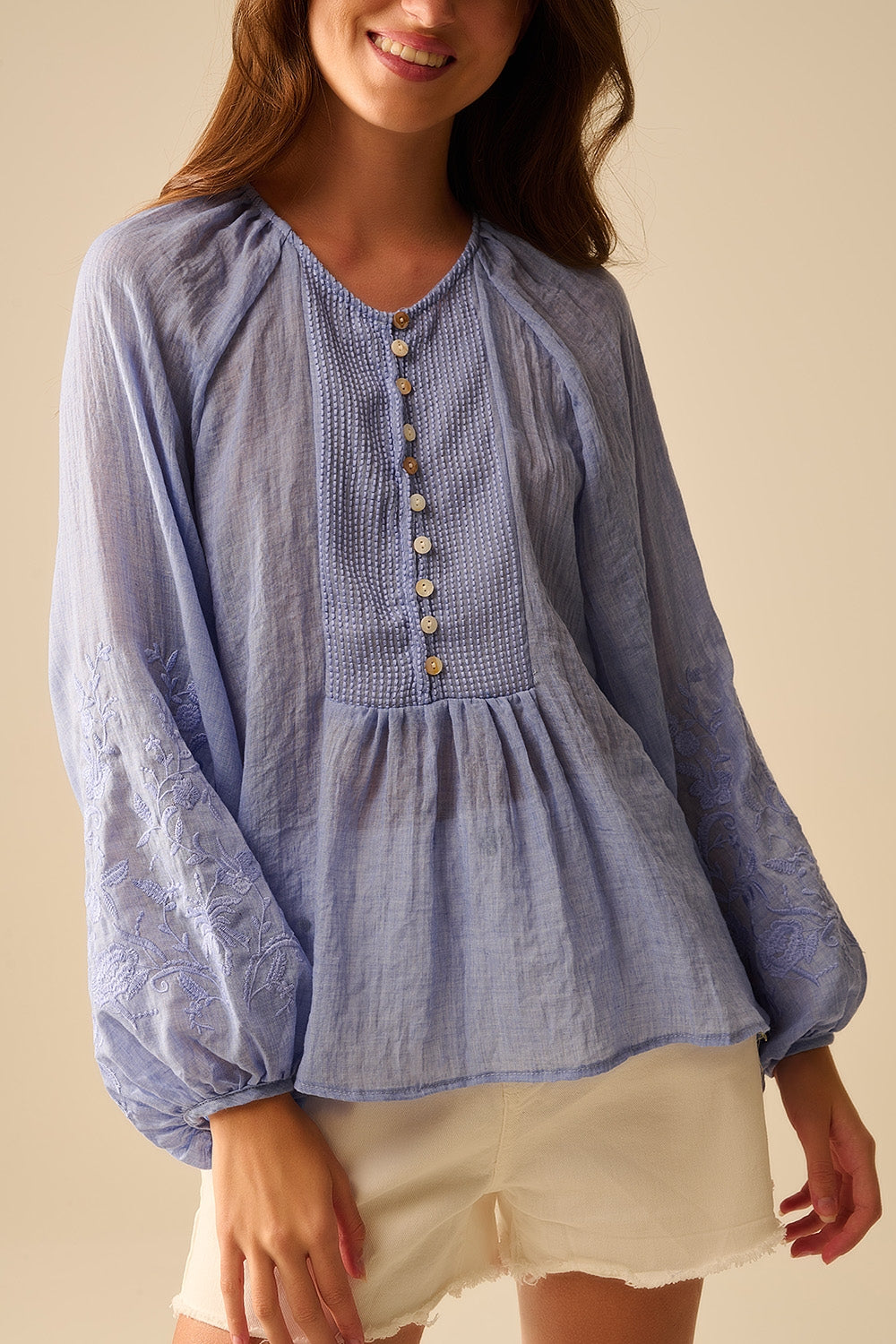 Blue Silk Chiffon Blouse with Embroidered Sleeves - Elegant Women's Top for Office Wear, Parties & Special Occasions