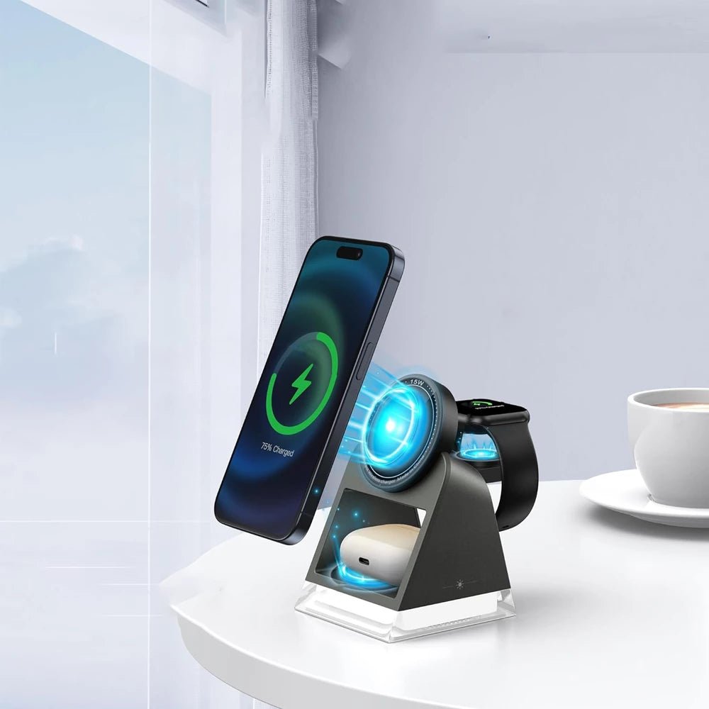 PowerTrio Plus 3-in-1 Magnetic Wireless Charging Station for iPhone 14/13/12 - Fast Charging Stand for iPhone, AirPods & Apple Watch - Perfect for Home, Office & Nightstand Use