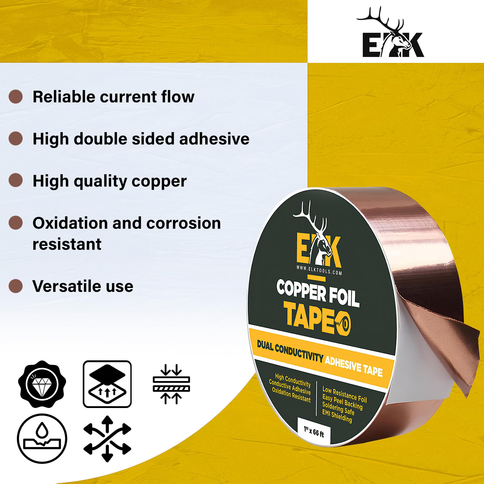 ELK Copper Foil Tape - 1” x 66ft - Conductive Adhesive for Guitar Shielding, DIY Crafts, Electrical Repairs & Grounding - EMI Shielding, Stained Glass, Circuit Board Fixes - High Conductivity Copper Tape for Arts & Electronics