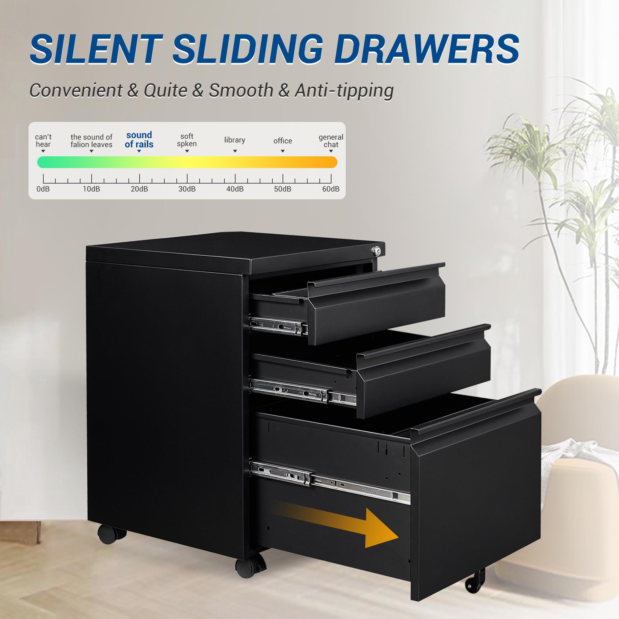 3 Drawer Vertical File Cabinet Black - Mobile Locking Storage for Legal & Letter Size Documents - Pre-Assembled Office File Cabinet with Wheels - Perfect for Under Desk Organization & Home Office Storage