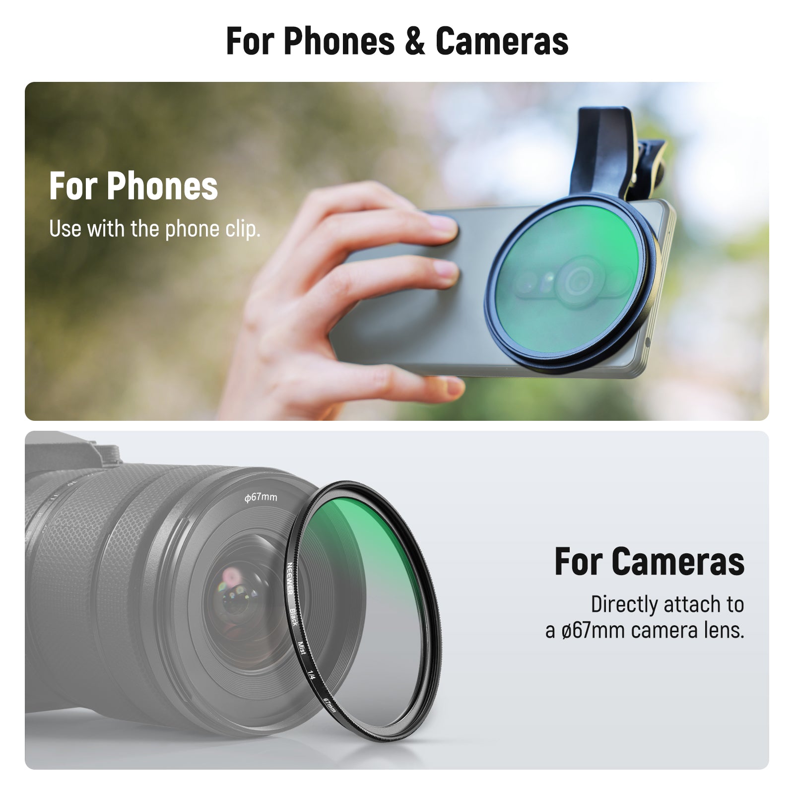 NEEWER FL B24/FL B20 67mm Black Diffusion 1/4 Filter with Clip for Smartphone Camera - Enhance Video Quality for Vlogging, YouTube & Social Media Content Creation
