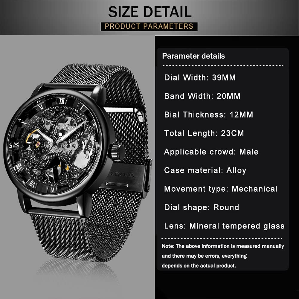 Men's Skeleton Mechanical Watch with Roman Numerals & Mesh Strap - Hand Winding Luminous Waterproof Wristwatch for Business, Casual & Formal Occasions