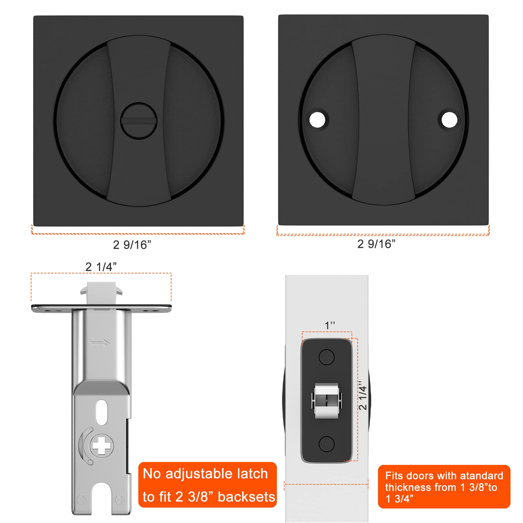 Haidms 3 Pack Matte Black Pocket Door Lock Set - Square Pocket Door Handle & Hardware for Sliding Doors - Perfect for Bedrooms, Bathrooms, and Closets