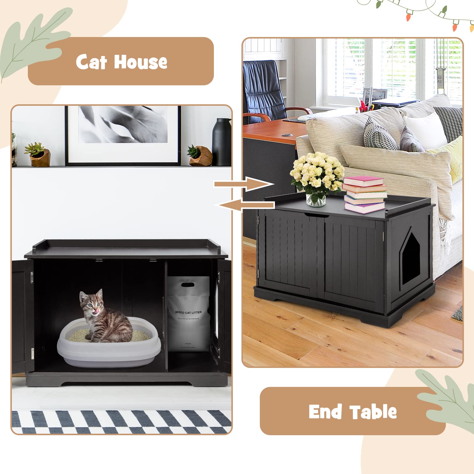 PETSITE Wooden Cat Litter Box Enclosure - Hidden Litter Box Bench with Double Doors, Removable Divider & Storage Shelf | Stylish Cat Litter Box Furniture for Home, Living Room or Bedroom (Black)