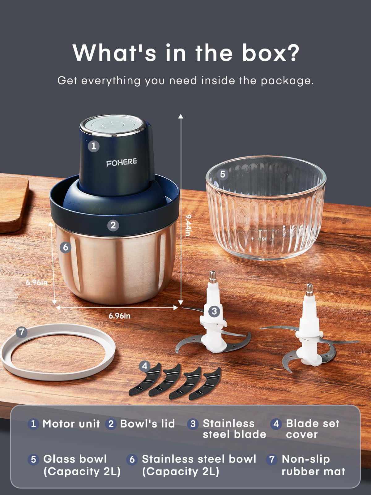 FOHERE 8-Cup & 7-Cup Electric Food Processor with Meat Grinder - 2 Bi-Level Stainless Steel Blades for Chopping Vegetables, Fruits, Nuts & Making Baby Food - Compact Kitchen Appliance for Meal Prep, Smoothies & Healthy Cooking (Blue)