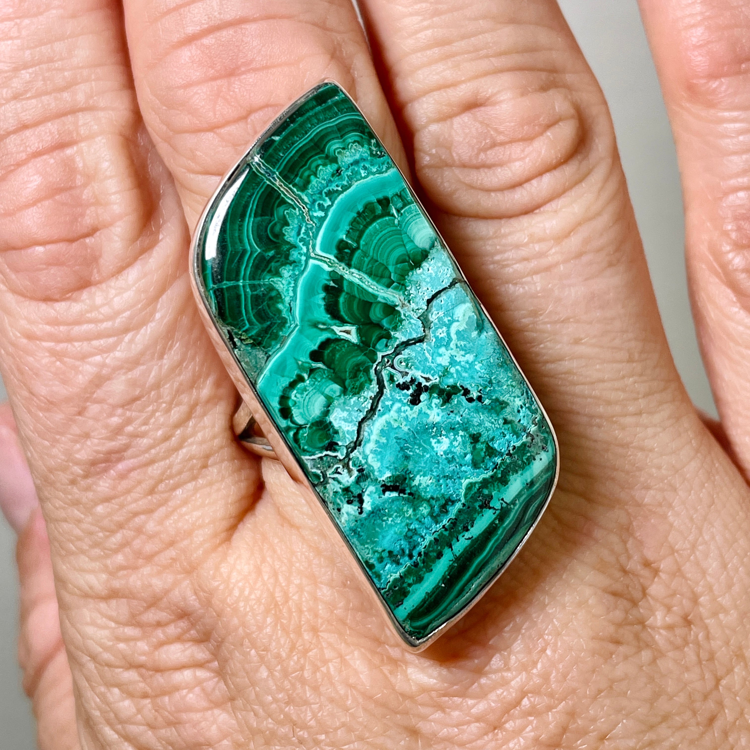 Natural Malachite Freeform Cabochon Ring - Size 11 (KRGJ483) | Handmade Boho Jewelry for Women | Perfect for Earthy Fashion & Spiritual Healing