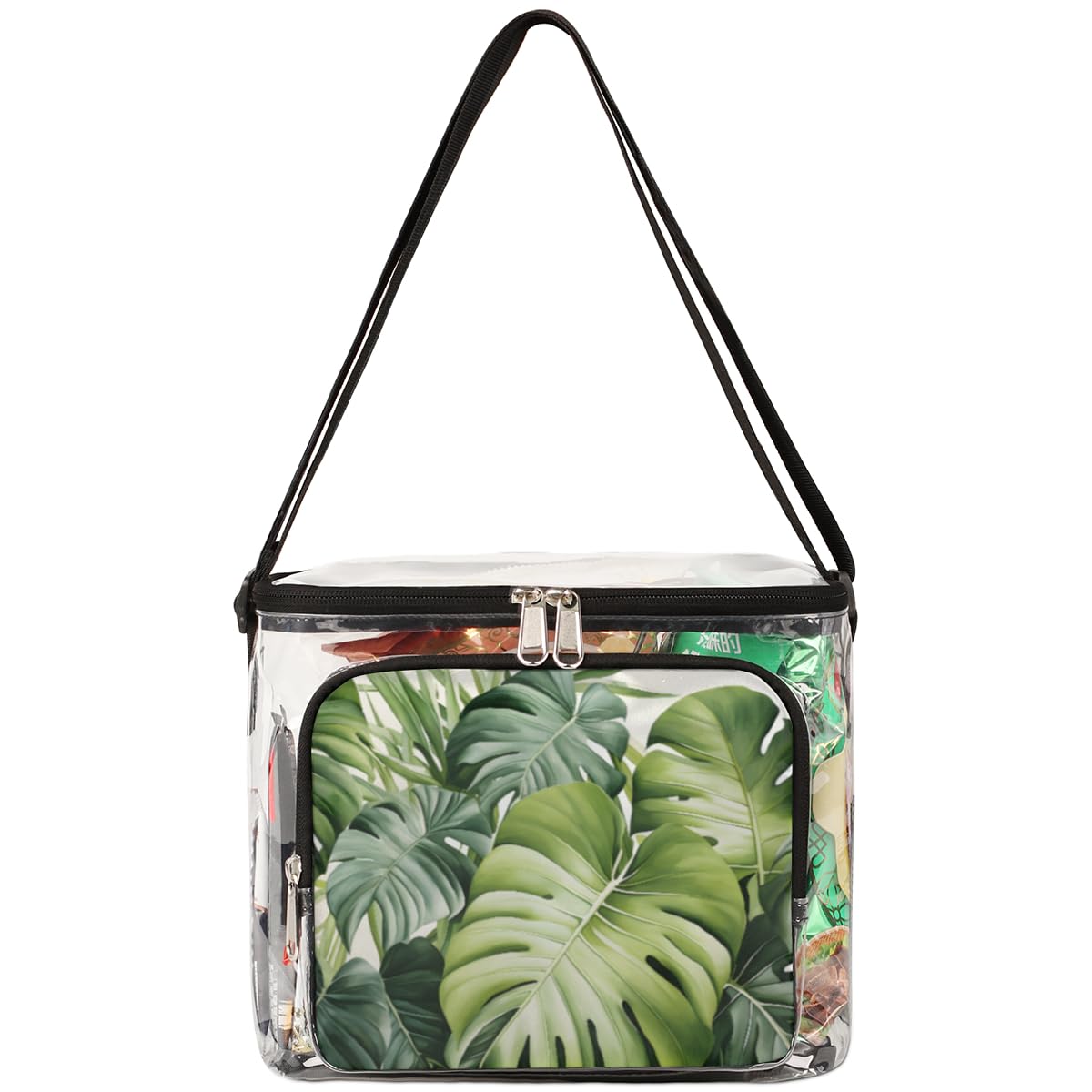 GzLeyigou Clear Tote Bag with Tropical Palm Leaves Design - Transparent Crossbody Shoulder Bag for Women, Lunch Bag for Outdoor, Travel, Picnic, Concerts & Sports Events (Stadium Approved) - Perfect for Beach Vacation, Music Festivals and Shopping