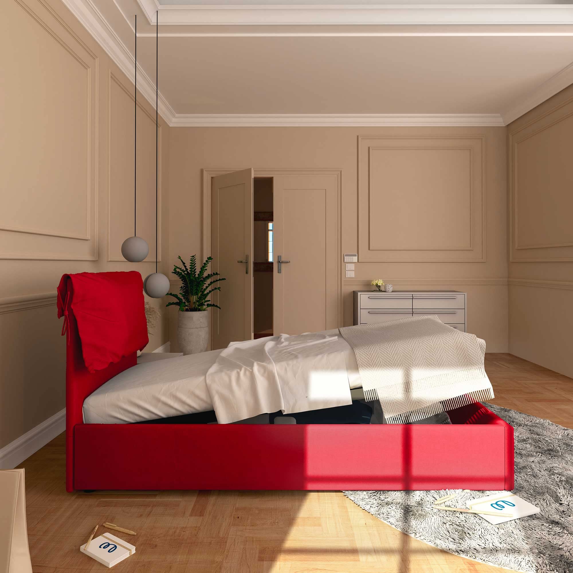 Baldiflex Single Bed with Storage - Licia Soft Synthetic Leather Upholstery, Slatted Base for Single Mattresses, 80 x 190 cm, Finely Padded Headboard, Red - Perfect for Small Bedrooms, Guest Rooms & Studio Apartments