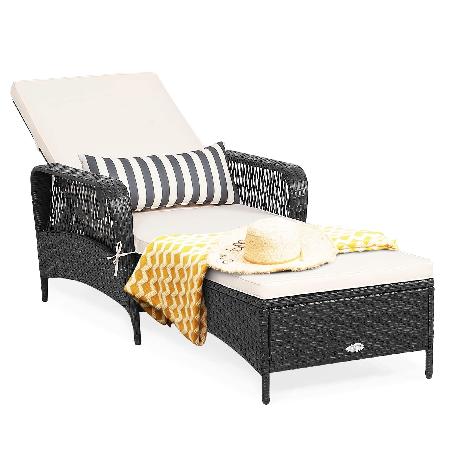 HAPPYGRILL Outdoor Chaise Lounge Chair with Thick Cushion & Lumbar Pillow - Adjustable Rattan Wicker Recliner for Patio, Garden, Poolside, Porch, and Lawn Relaxation | Perfect for Sunbathing, Lounging, and Outdoor Leisure
