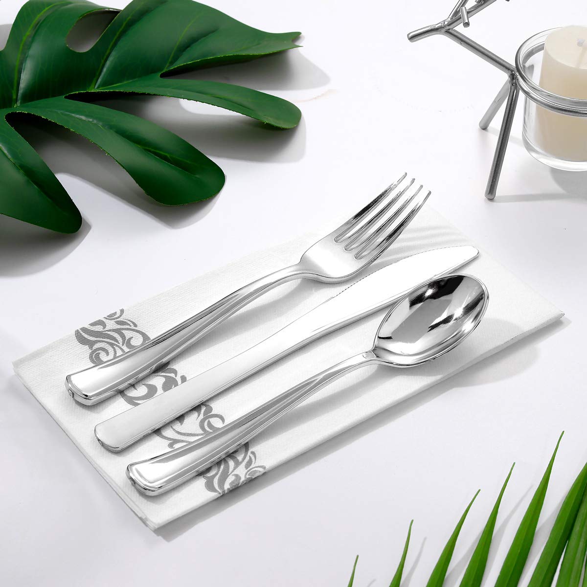 700-Piece Silver Disposable Dinnerware Set for 100 Guests - Includes 100 Dinner Plates, 100 Dessert Plates, 100 10oz Cups, 100 Napkins & 100 Plastic Cutlery Sets | Perfect for Weddings, Parties, Catering & Large Events