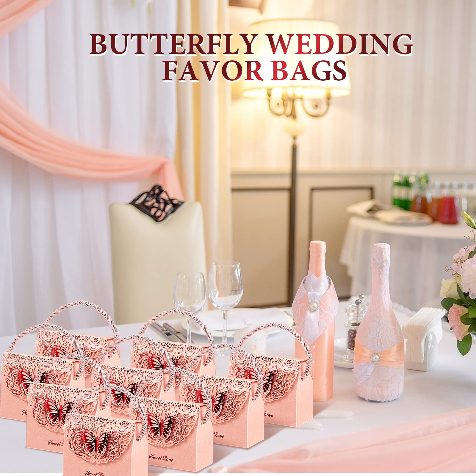 50 Pcs Pink Butterfly Party Favor Bags - Elegant Wedding, Birthday & Bridal Shower Treat Boxes for Candy & Small Gifts - Perfect for Baby Showers, Graduations & Special Events