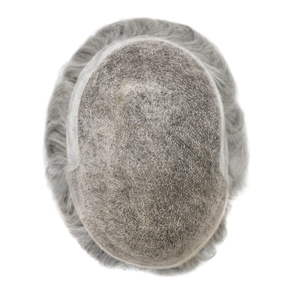 Men's Swiss Lace Toupee - 100% Human Hair Replacement System with PU Bleached Knots & Natural Hairline | 8''x10'' Light Medium Density Wig in 1B80# Natural Black with 80% Gray | Perfect for Hair Loss Solutions, Daily Wear & Special Occasions - SINGA HAIR