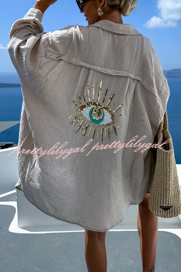 Summer Breeze Linen Blend Sequin Magic Eye Design Oversized Relax Shirt for Women | Boho Chic Beach Cover Up | Casual Loose Fit Blouse for Vacation, Party & Date Night