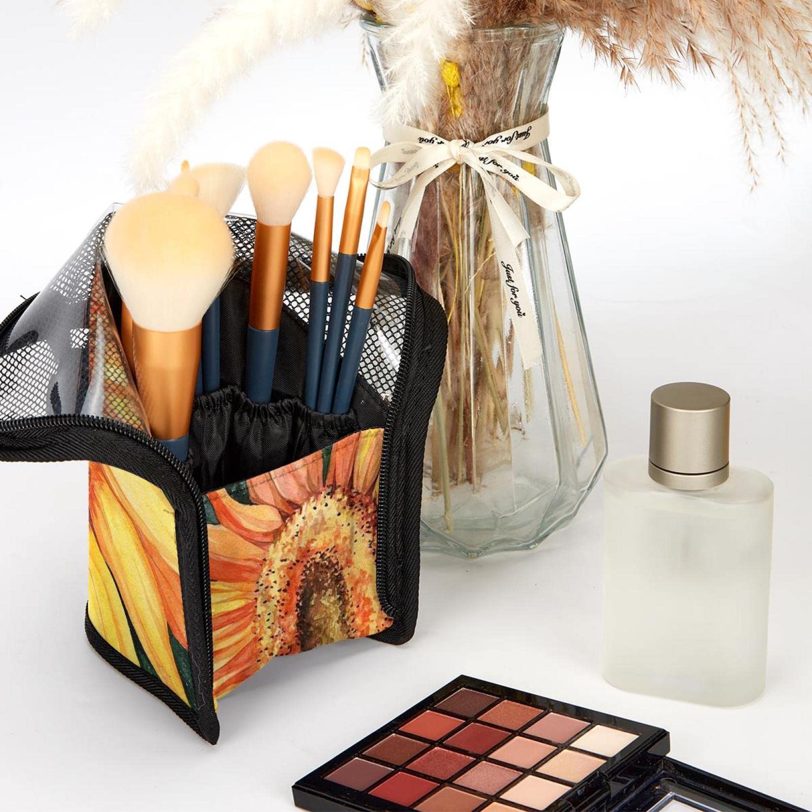 Vintage Sunflower Makeup Brush Organizer Bag with 12 Slots - Portable Cosmetic Brush Holder Case for Travel, Home & Professional Makeup Artists