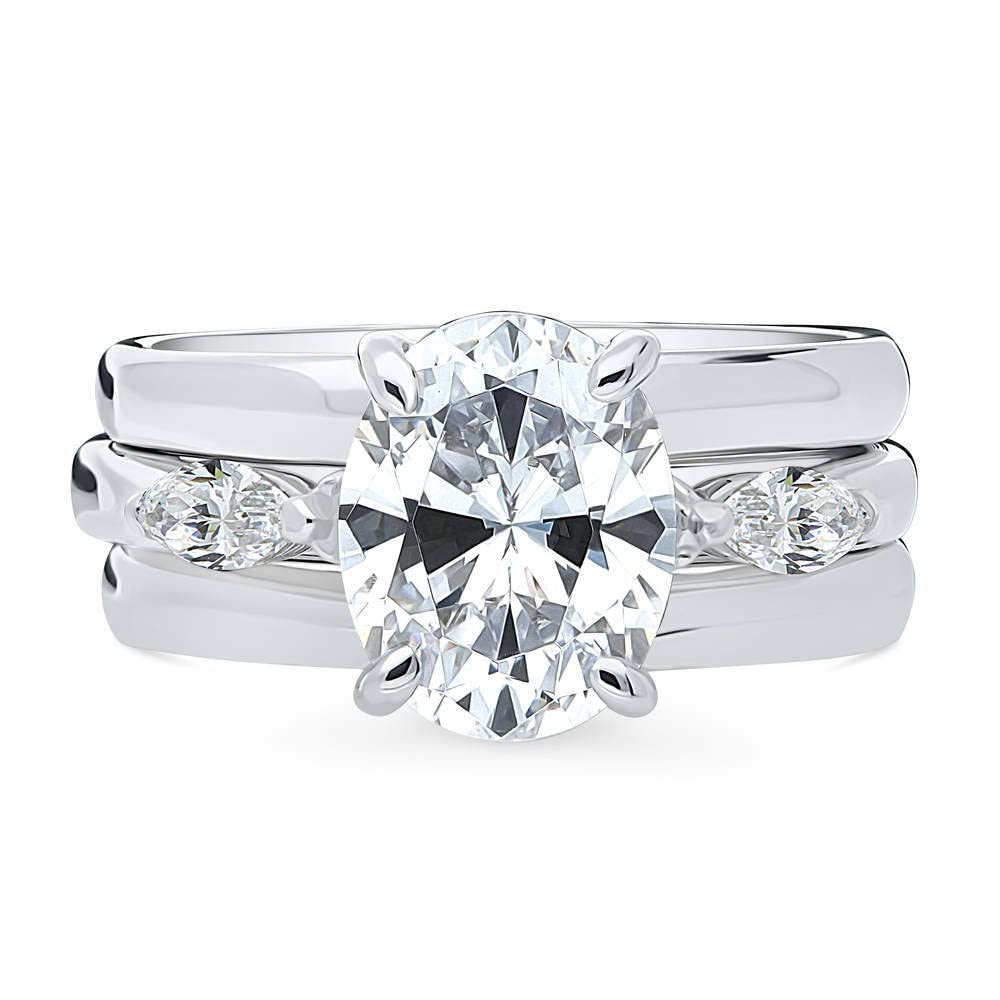 BERRICLE Sterling Silver 3-Stone Oval Cut Cubic Zirconia Engagement Ring Set for Women - 2.5 Carat CZ Wedding Band, Rhodium Plated, Size 4-10 - Perfect for Proposals, Anniversaries & Special Occasions