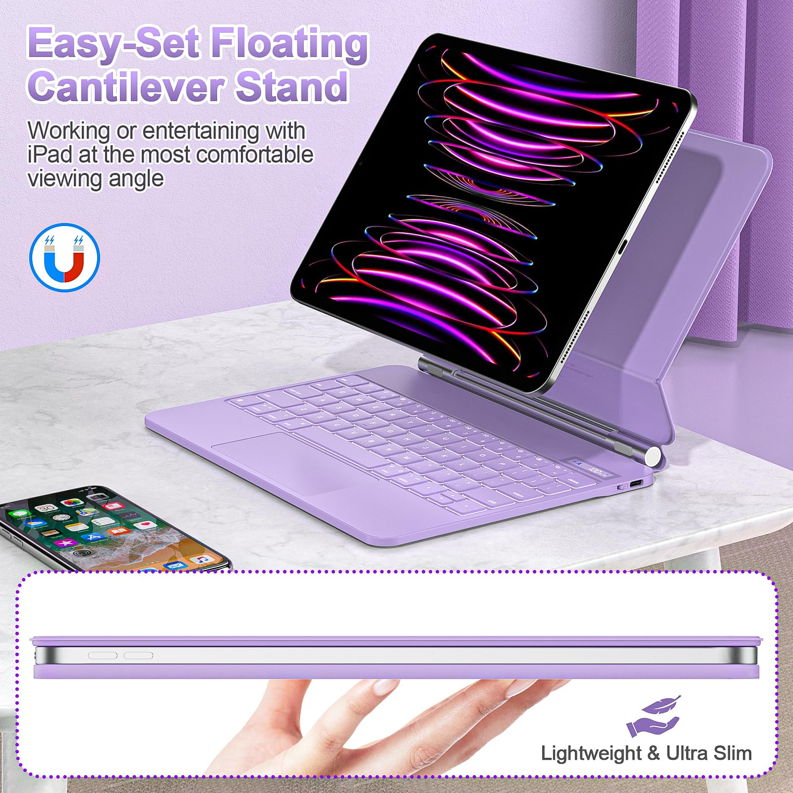 Magnetic Floating Keyboard for iPad Air 11-inch (M2) 2024 & iPad Pro 11 inch (4th/3rd/2nd/1st Gen) - 7-Color Backlit with Click-Anywhere Trackpad - Compatible with iPad Air 5th/4th Gen 10.9
