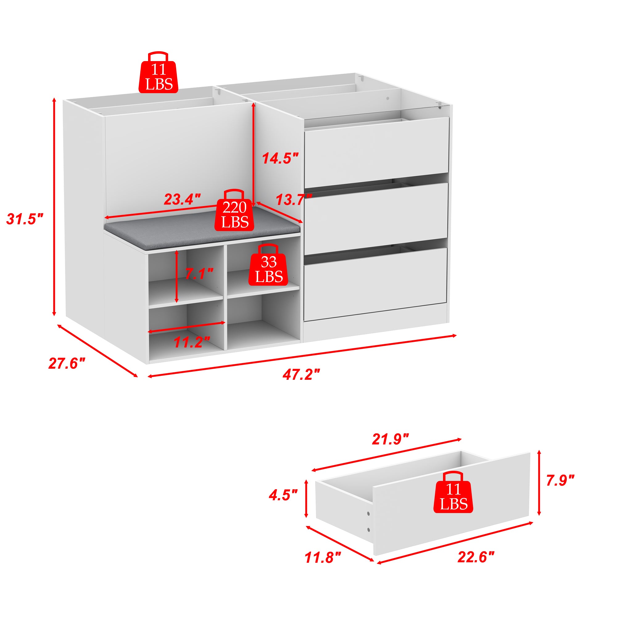 9-Drawer 4-Shelf Storage Chest with Cushioned Bench Seat - Perfect for Bedroom, Living Room, or Entryway Organization