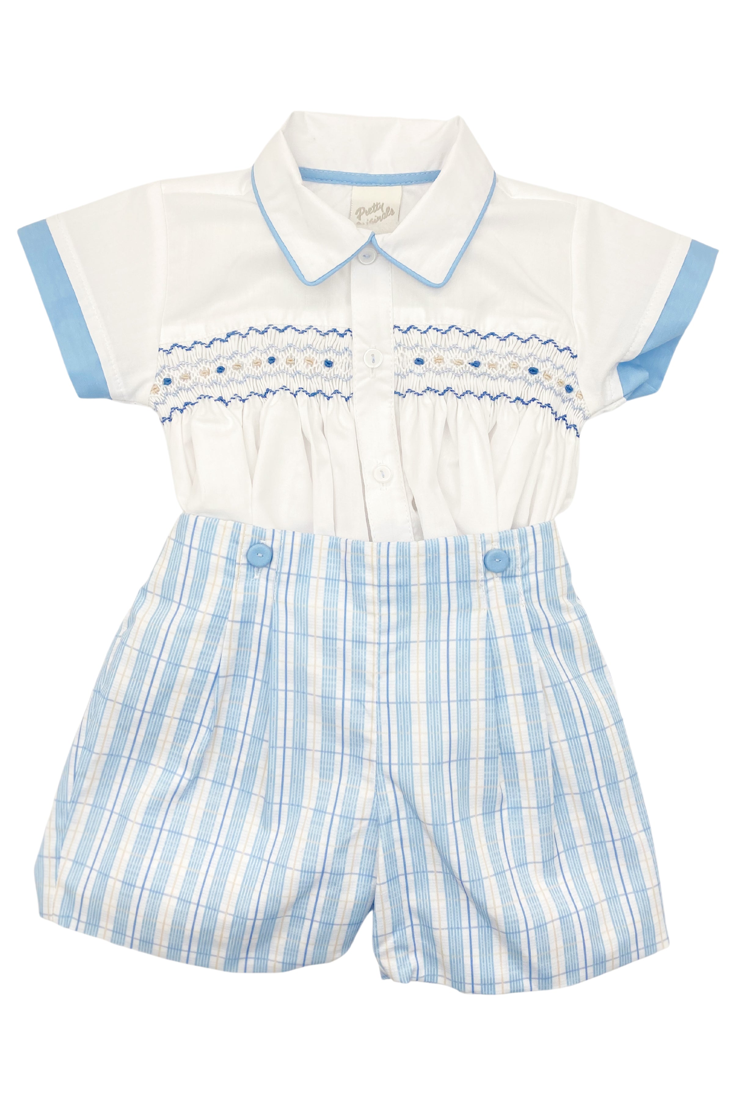 Isaiah Blue Smocked Shirt & Checked Shorts Set - Boys' Casual Summer Outfit for Beach, Playdates & Family Photos | Trendy Two-Piece Ensemble