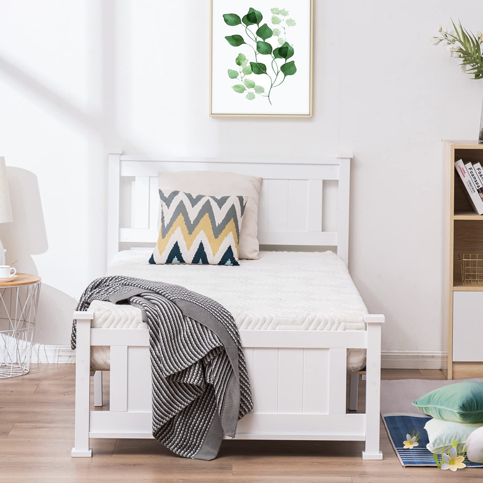 Bonnlo Twin Size Solid Wood Platform Bed Frame with Headboard - No Box Spring Needed, Wood Slat Support Mattress Foundation in White - Perfect for Small Bedrooms, Guest Rooms & Dorm Rooms