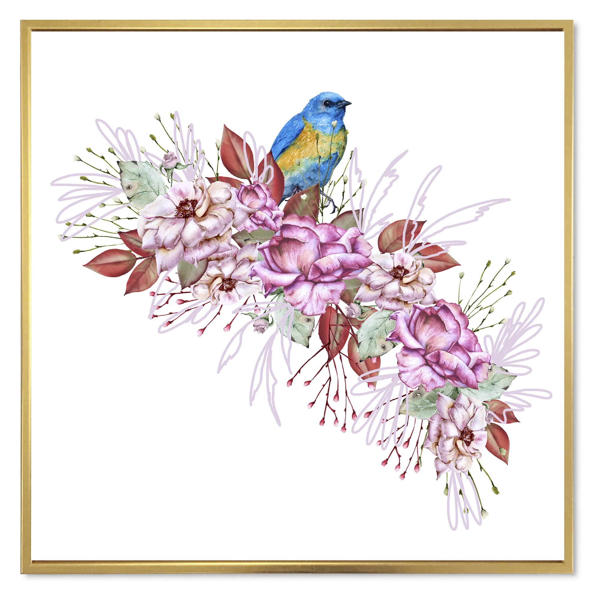DesignQ Little Blue Bird on Flower Branch - Traditional Framed Canvas Wall Art Print for Living Room, Bedroom & Office Decor