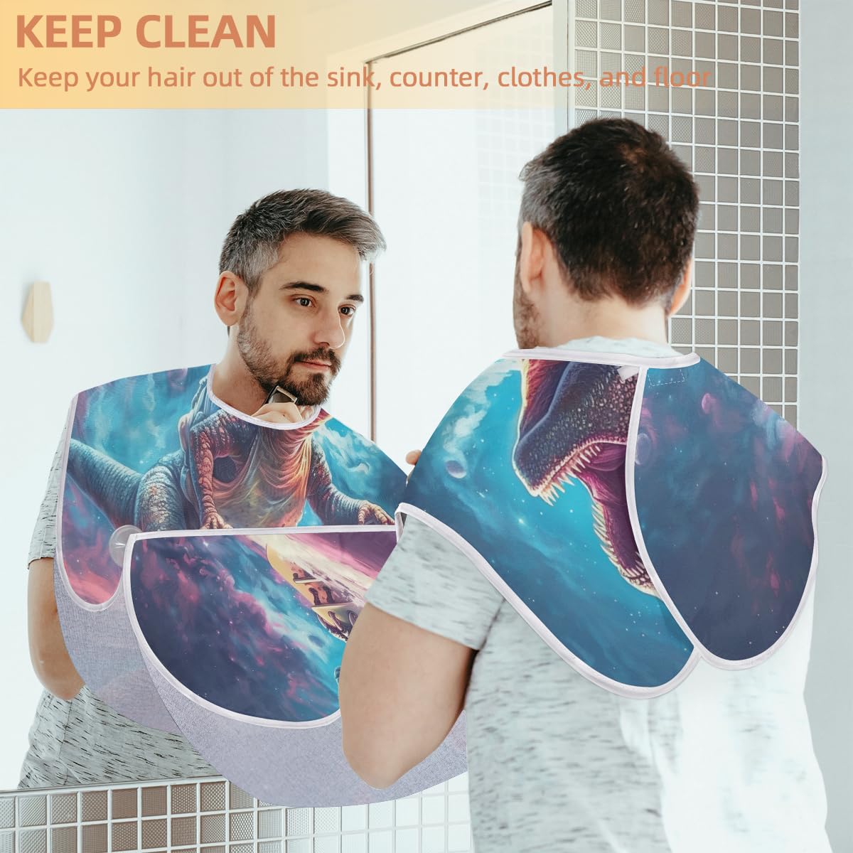 Dinosaur & Outer Space Planets Beard Shaving Bib for Men - Waterproof Barber Apron for Hair Dye, Makeup & Beard Trimming | Sink Hair Catcher & Styling Cape for Salon, Home Grooming & Gift