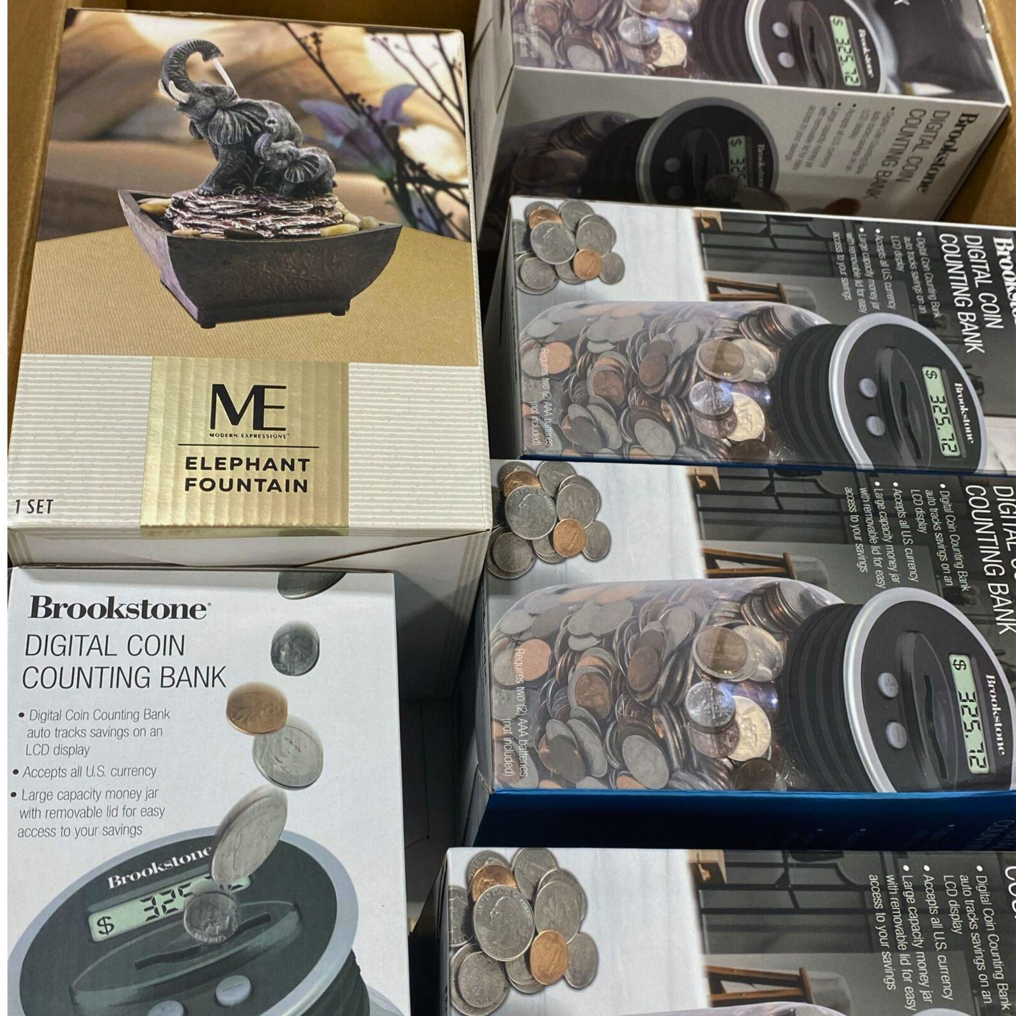 Brookstone Digital Coin Counting Bank & Me Elephant Fountain Coin Bank Set - 24 Piece Lot for Kids Savings, Piggy Bank Alternative - Perfect for Birthday Gifts, Financial Education & Home Decor