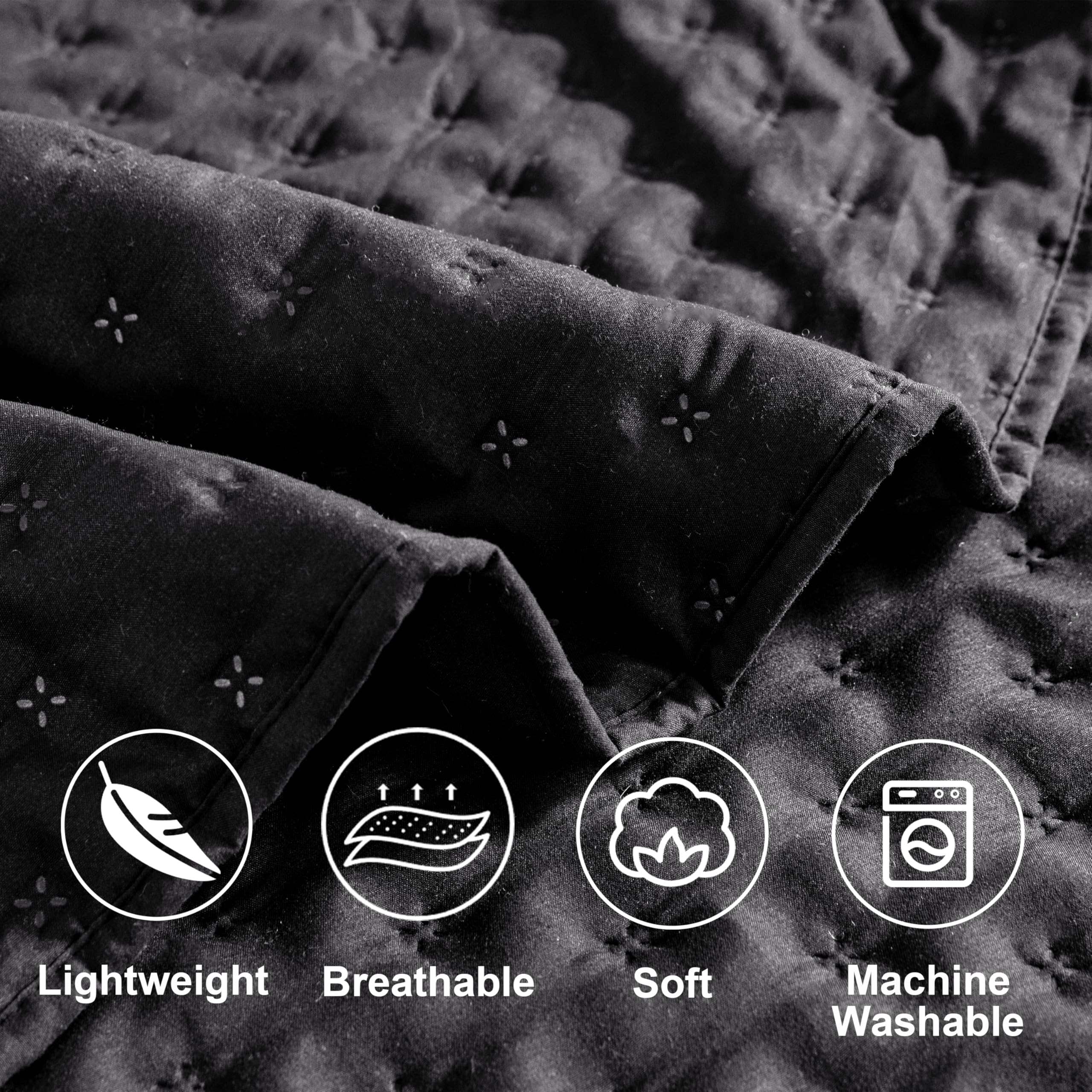 DOWNCOOL Black Queen Size Quilt Bedding Set - 3 Piece Ultra Soft Lightweight Microfiber Bedspread Coverlet (90