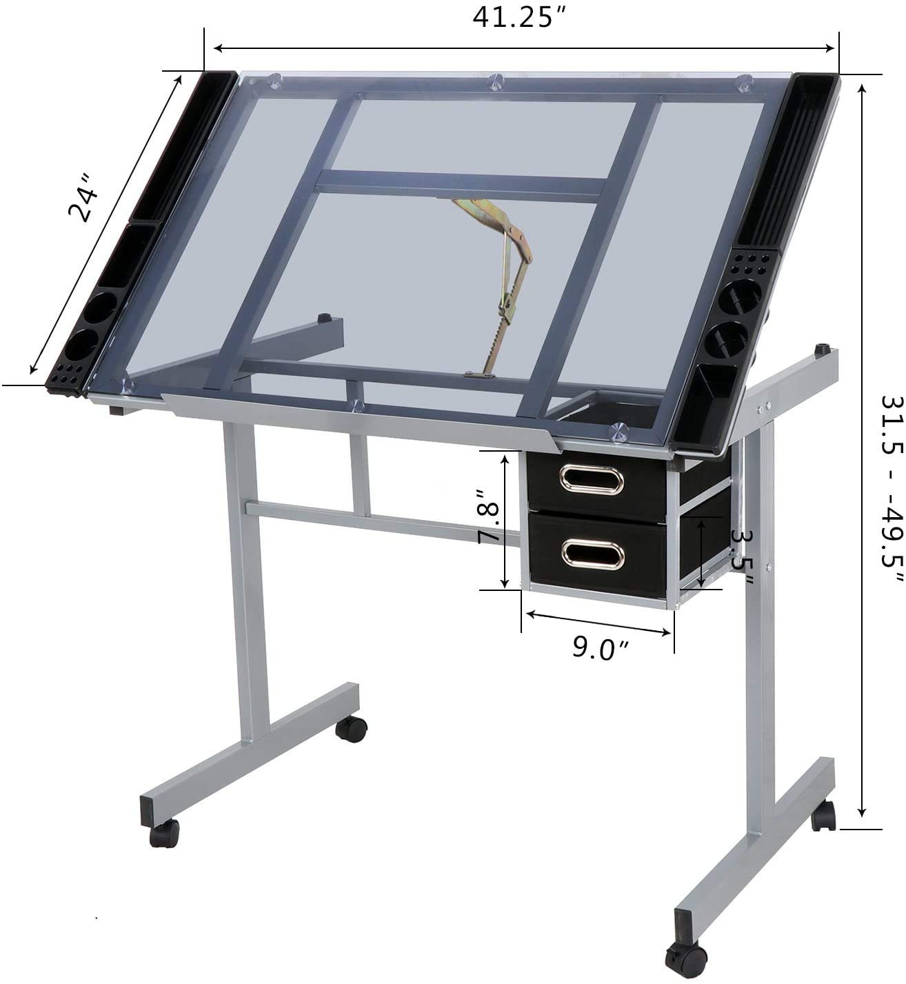 Adjustable Drafting Table with Tempered Glass Top - Folding Drawing Desk for Artists & Crafters, 2 Slide-Out Storage Drawers & Wheels - Perfect for Home Studio, Office & Classroom Workspaces