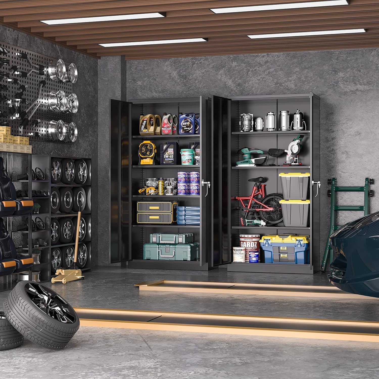 INTERGREAT Metal Storage Cabinet with Lock - Black Steel Garage & Home Office Cabinet with Doors & Shelves - Secure Supply Storage for Warehouse, Garage, Office & Workshop Organization