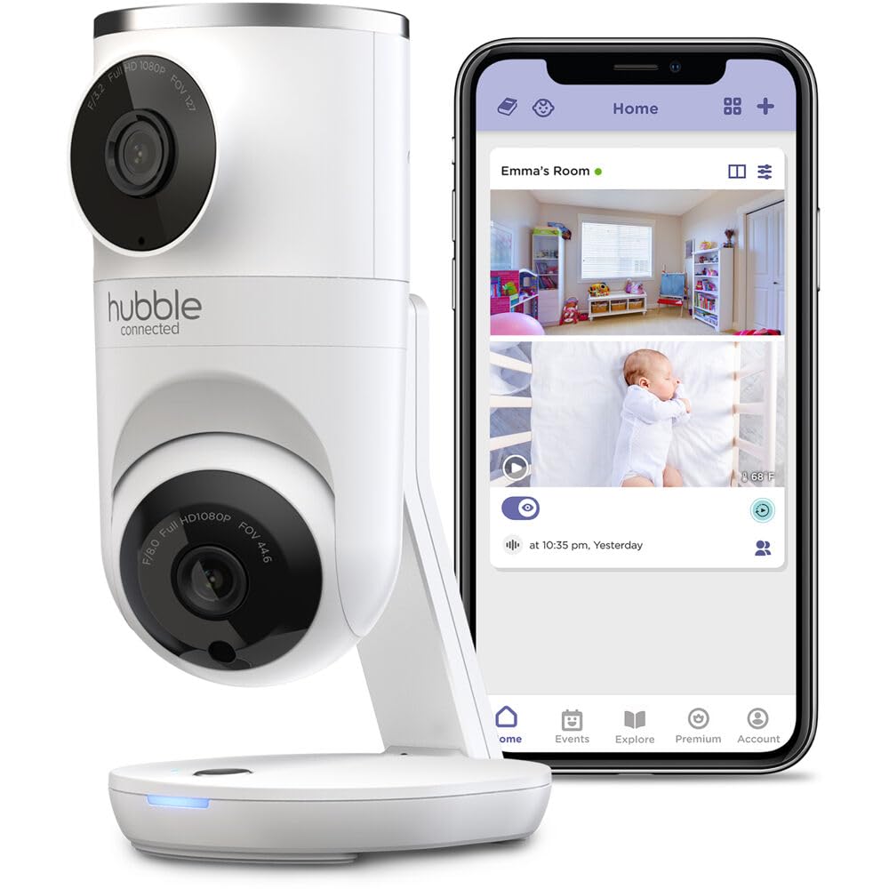 Hubble Connected Nursery Pal Dual Vision Smart Wi-Fi Baby Monitor with AI Motion Tracking, Night Vision, Soothing Sounds & Lullabies - White | AI-Powered Infant Safety Camera for Nursery, Bedroom & Travel Use