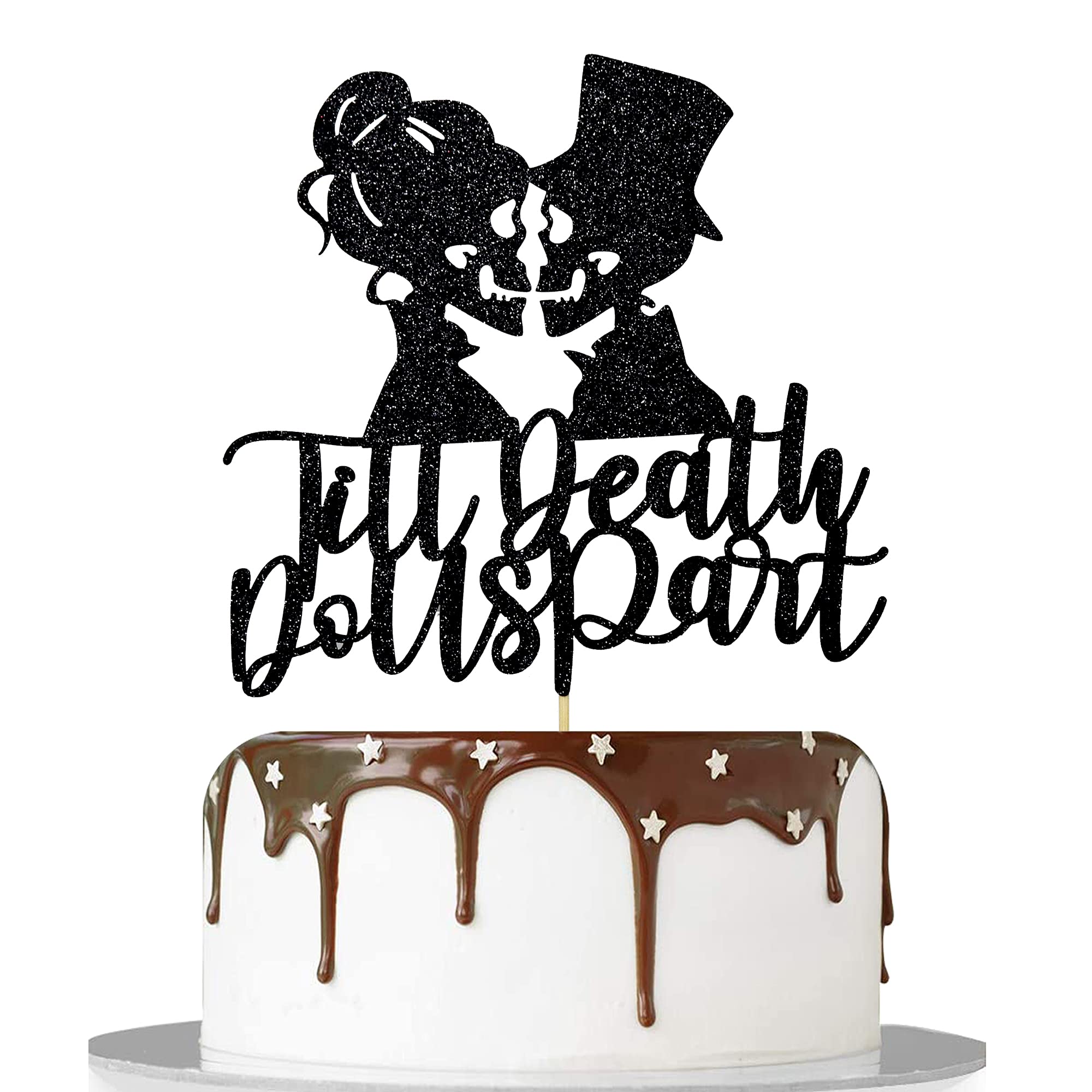 Black Glitter Skull Couple Cake Topper - 'Till Death Do Us Part' Wedding Cake Decoration for Halloween, Gothic, and Dark Romance Themed Parties - Perfect for Anniversary, Birthday, and Gothic Wedding Celebrations