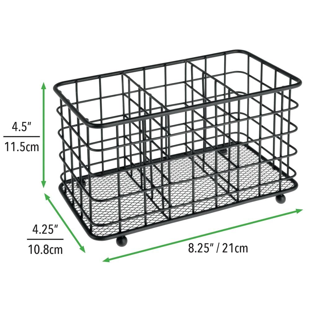 Modern Farmhouse Metal Wire Cutlery Organizer - 3-Section Kitchen Utensil Caddy for Forks, Knives & Spoons - Countertop & Pantry Storage Bin - Perfect for Dining Table, Kitchen Island and Buffet Organization - Black