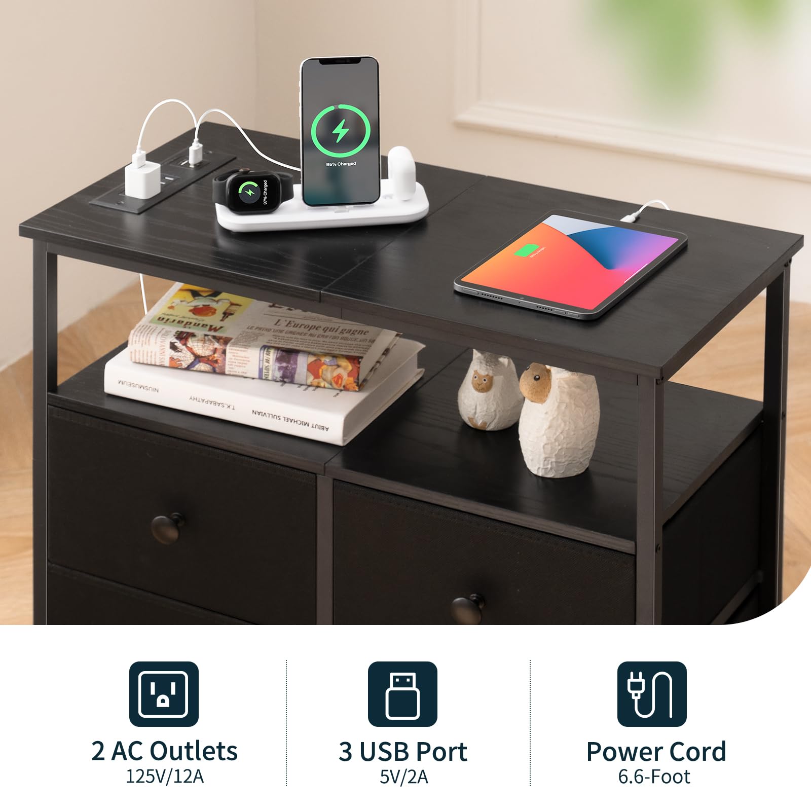Yoobure Night Stand with USB Charging Station - 4 Drawer Bedside Table with LED Light & Storage Shelf - Wooden End Table for Bedroom, Living Room, Office (Black) | Perfect for Small Spaces, Apartment Furniture & Modern Home Decor