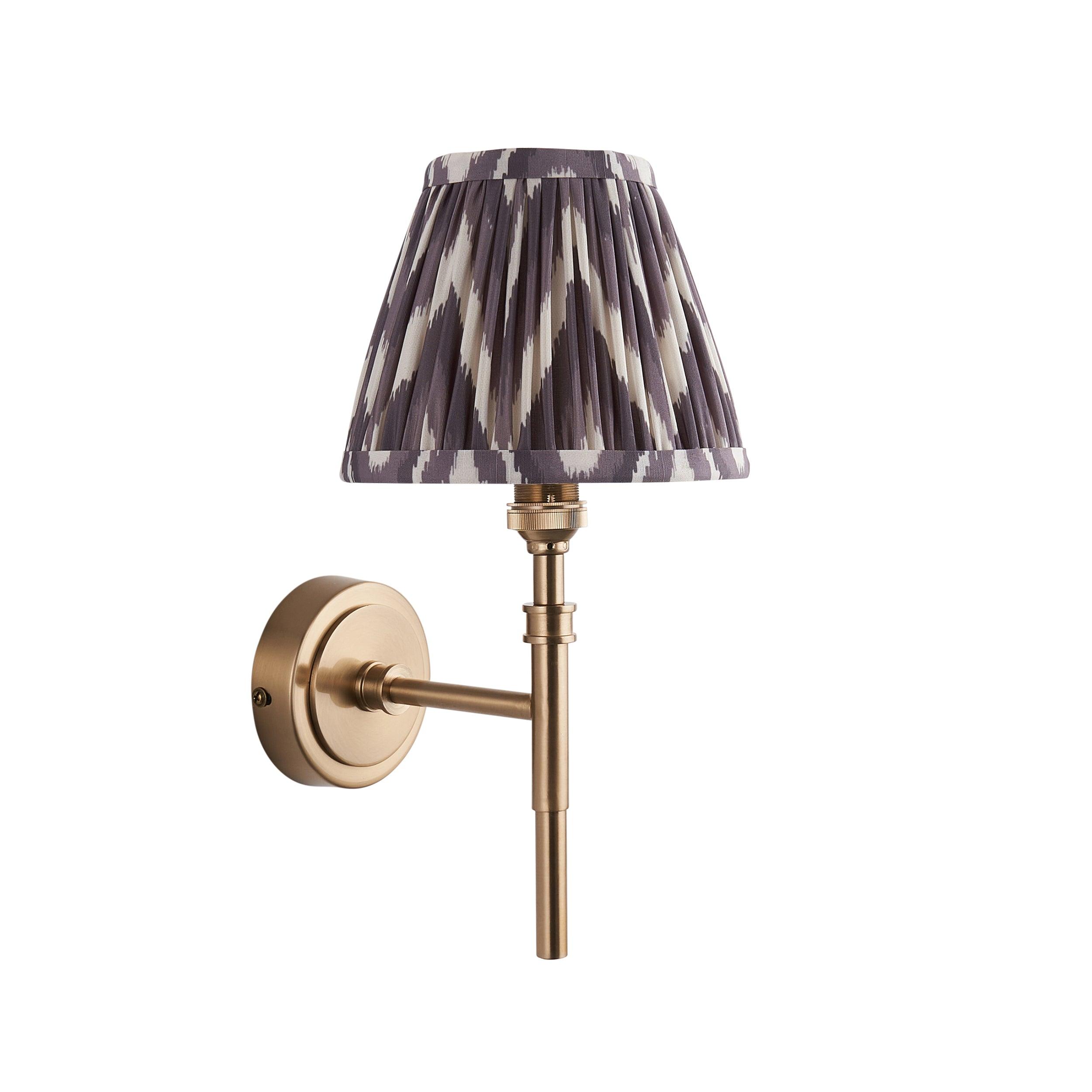 Chester Brass Wall Light with Grey Zigzag 16cm Shade - Vintage Industrial Sconce for Bedroom, Hallway & Living Room Lighting