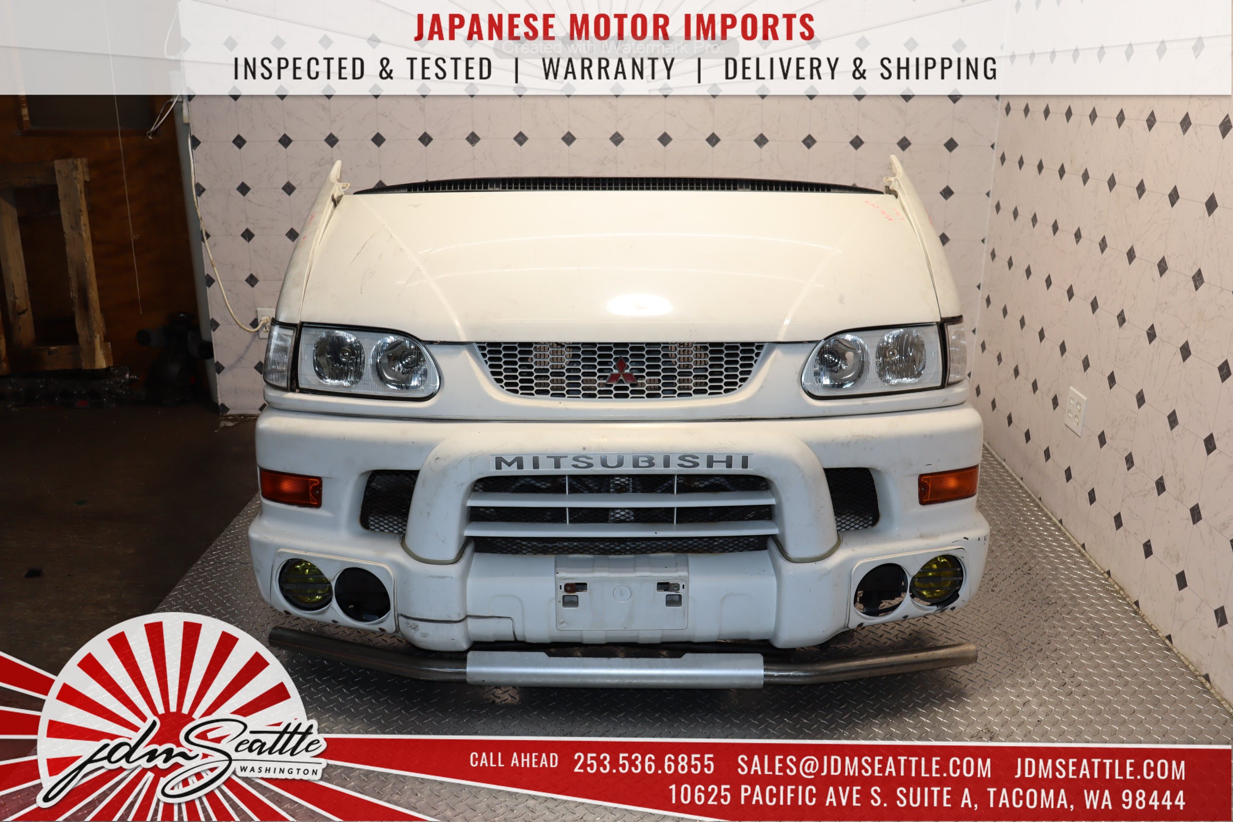 1997-2007 Mitsubishi Delica Front End Kit - Complete Nose Cut with Hood, Bumper & Headlights (White) | JDM Parts Replacement for Off-Road Adventures & Restoration Projects