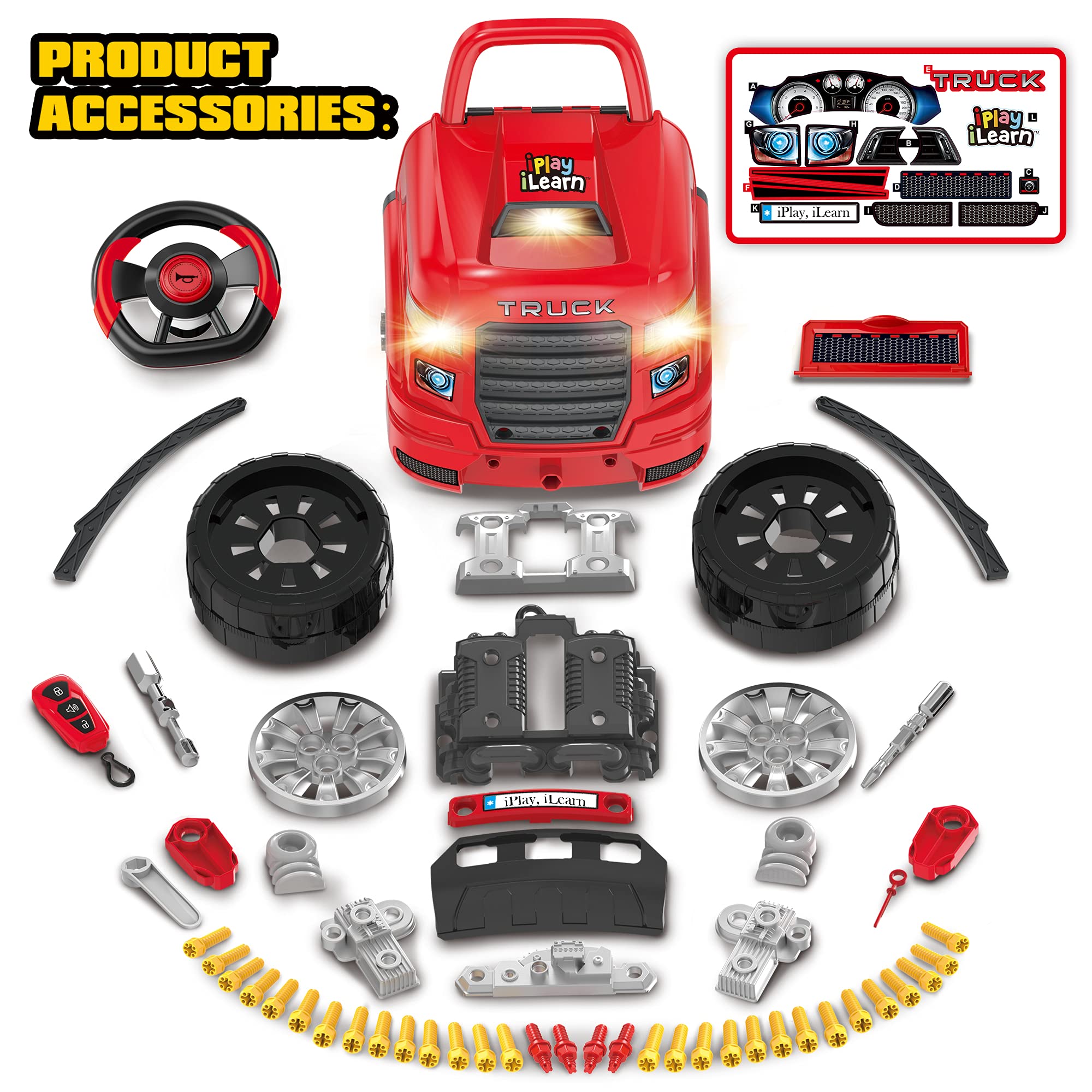iPlay iLearn Large Truck Engine Toy for Kids - Take Apart Mechanic Repair Set, Pretend Play Car Service Station for Toddlers Ages 3-8 - Educational STEM Building Kit for Boys & Girls - Perfect Birthday Gift & Learning Toy for Preschoolers (Great for Role Play, STEM Learning & Motor Skill Development)