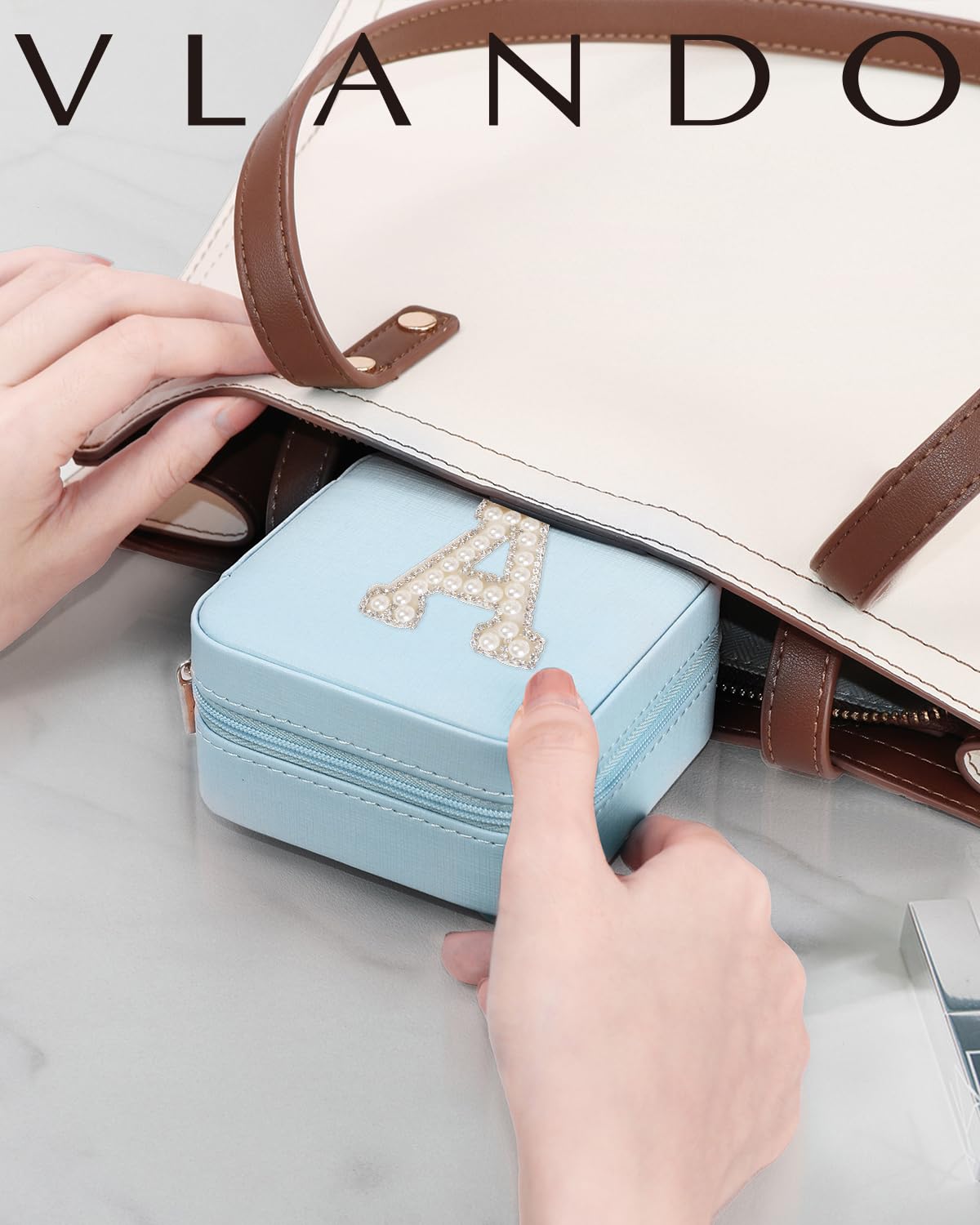Vlando Teacher Appreciation Gifts for Women - Blue Travel Jewelry Organizer Box with Monogram Letter A | Perfect Teacher Thank You Gift, Women's Travel Accessories & Jewelry Storage Case | Great for Vacations, Business Trips and Daily Use