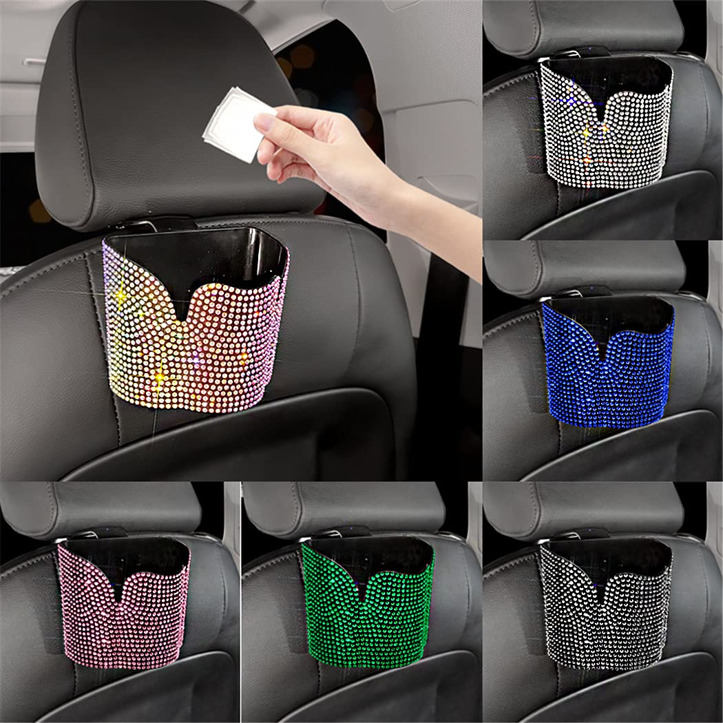 Pink Rhinestone Bling Mini Crystal Car Trash Can - Waterproof Hanging Seat Back Auto Garbage Bag for Car, Home, Office, and Travel Use