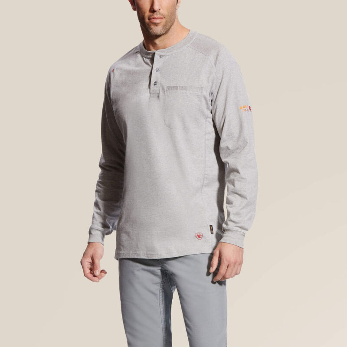Ariat Men's Flame Resistant Long Sleeve Henley Shirt with Chest Pocket - Comfortable Workwear for Construction, Oilfield & Industrial Jobs