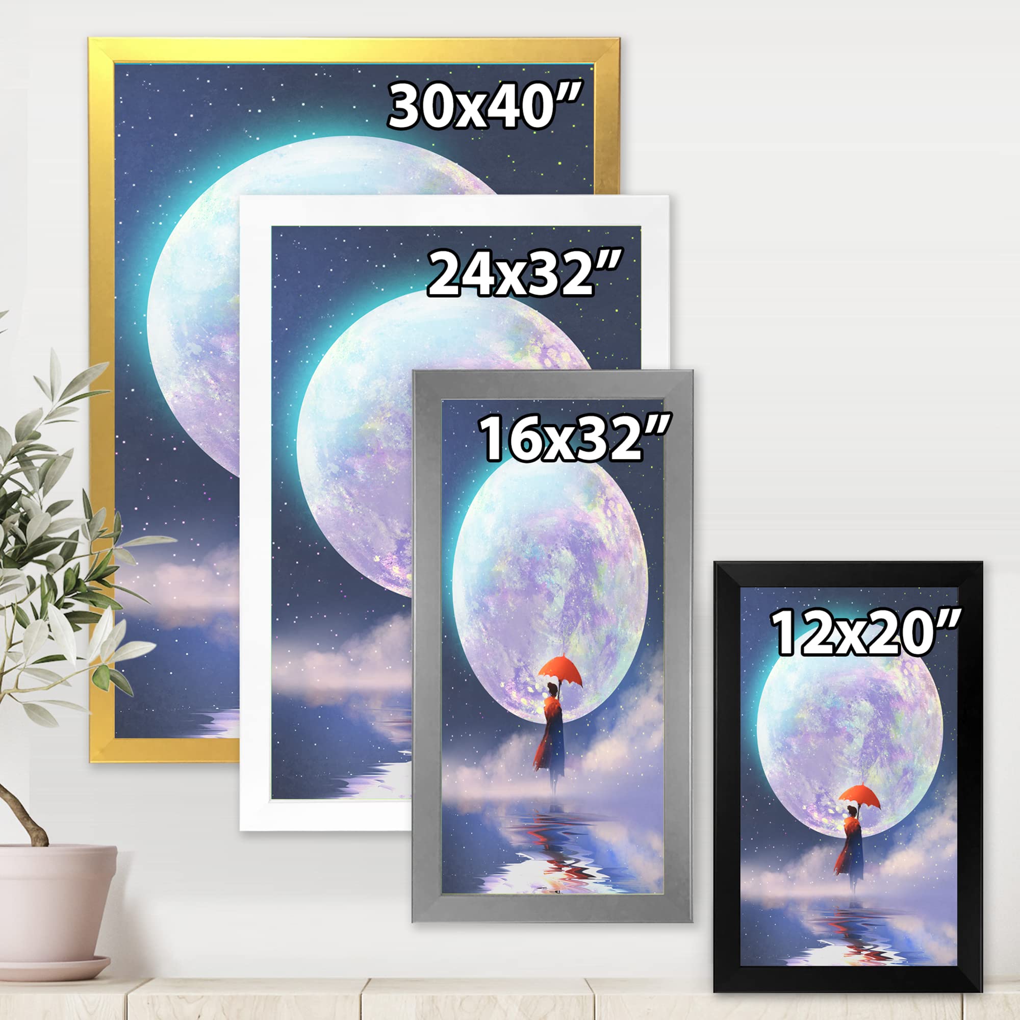 DesignQ Traditional Framed Wall Art - Woman with Umbrella Standing on Water Against Moon - Elegant Home Decor for Living Room, Bedroom & Office
