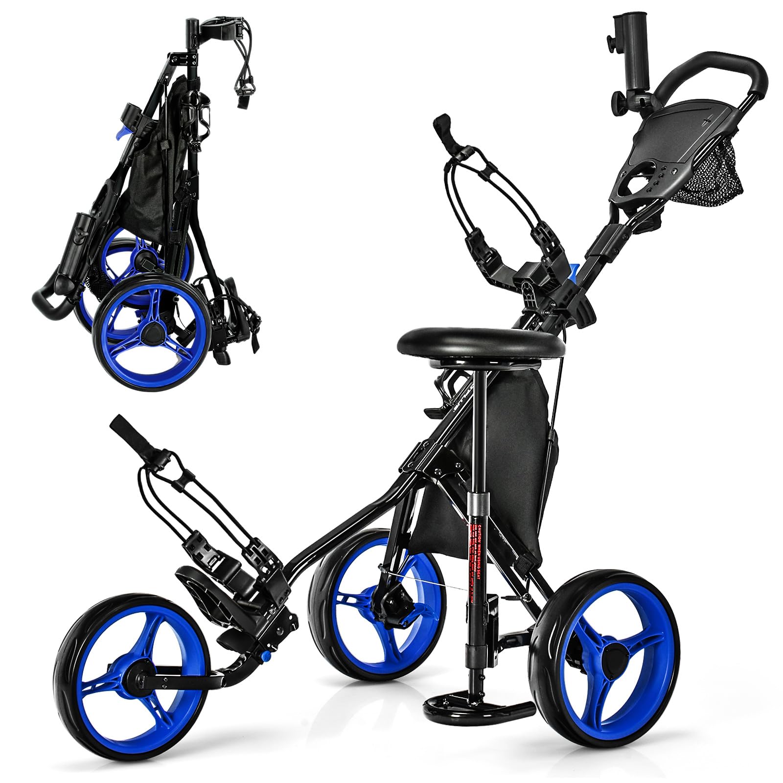 ULTIMATE 3 Wheel Golf Push Pull Cart - Foldable Lightweight Golf Bag Trolley with Adjustable Seat, Handle & Foot Brake | Includes Scorecard Holder, Umbrella Holder, Cup Holder & Storage Bag | Perfect for Golf Courses, Driving Ranges & Outdoor Practice