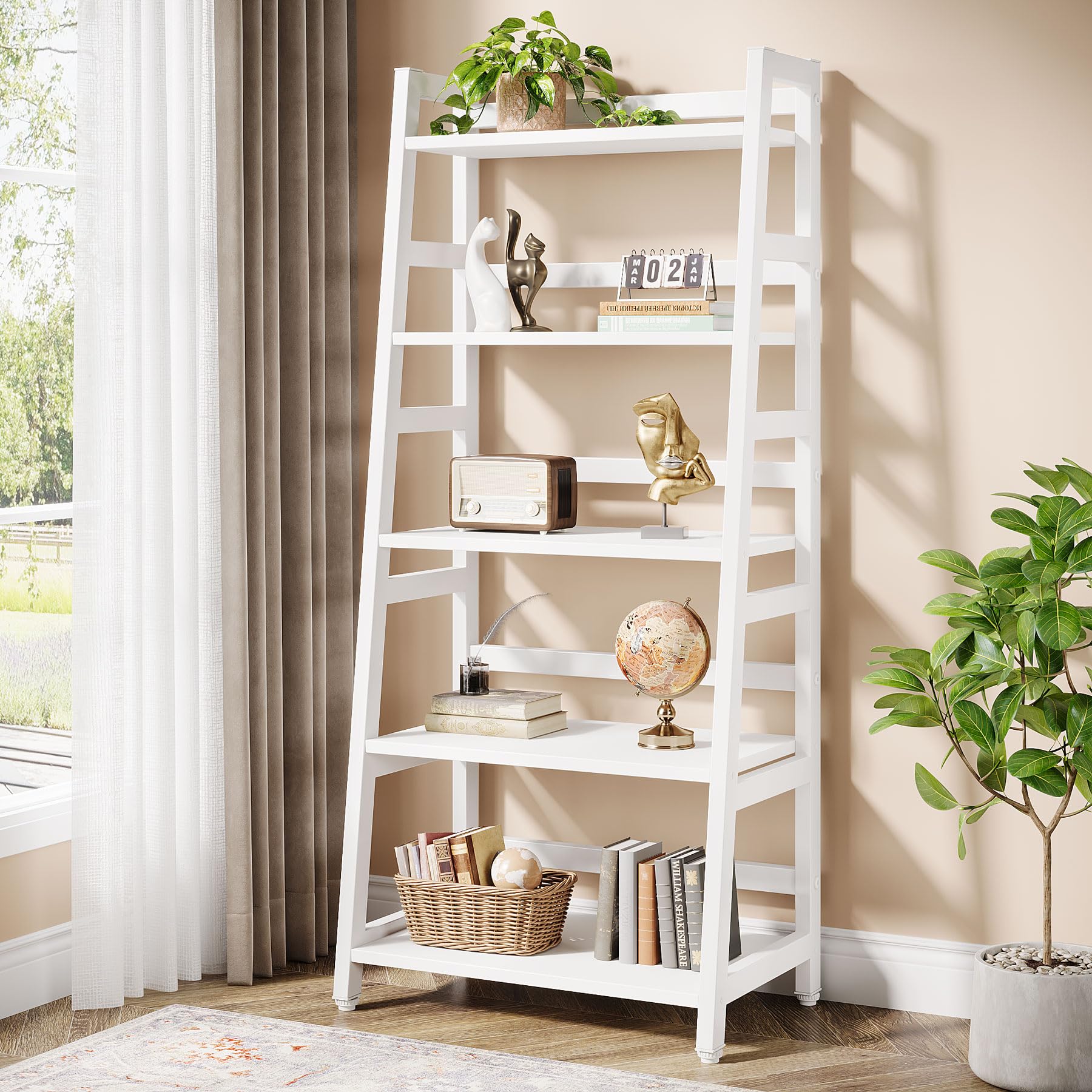 Tribesigns 5-Tier Bookshelf - Modern Ladder Bookcase with 5 Shelves, Sturdy Book Storage Organizer for Living Room, Home Office & Bedroom - Perfect for Displaying Books, Decor & Plants (White)