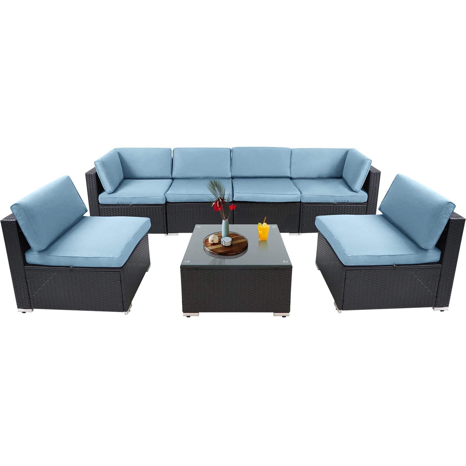 SOLAURA 7-Piece Patio Conversation Set - All-Weather Wicker Outdoor Sectional Sofa with Blue Cushions & Glass Coffee Table - Perfect for Backyard, Garden, Poolside or Deck Relaxation